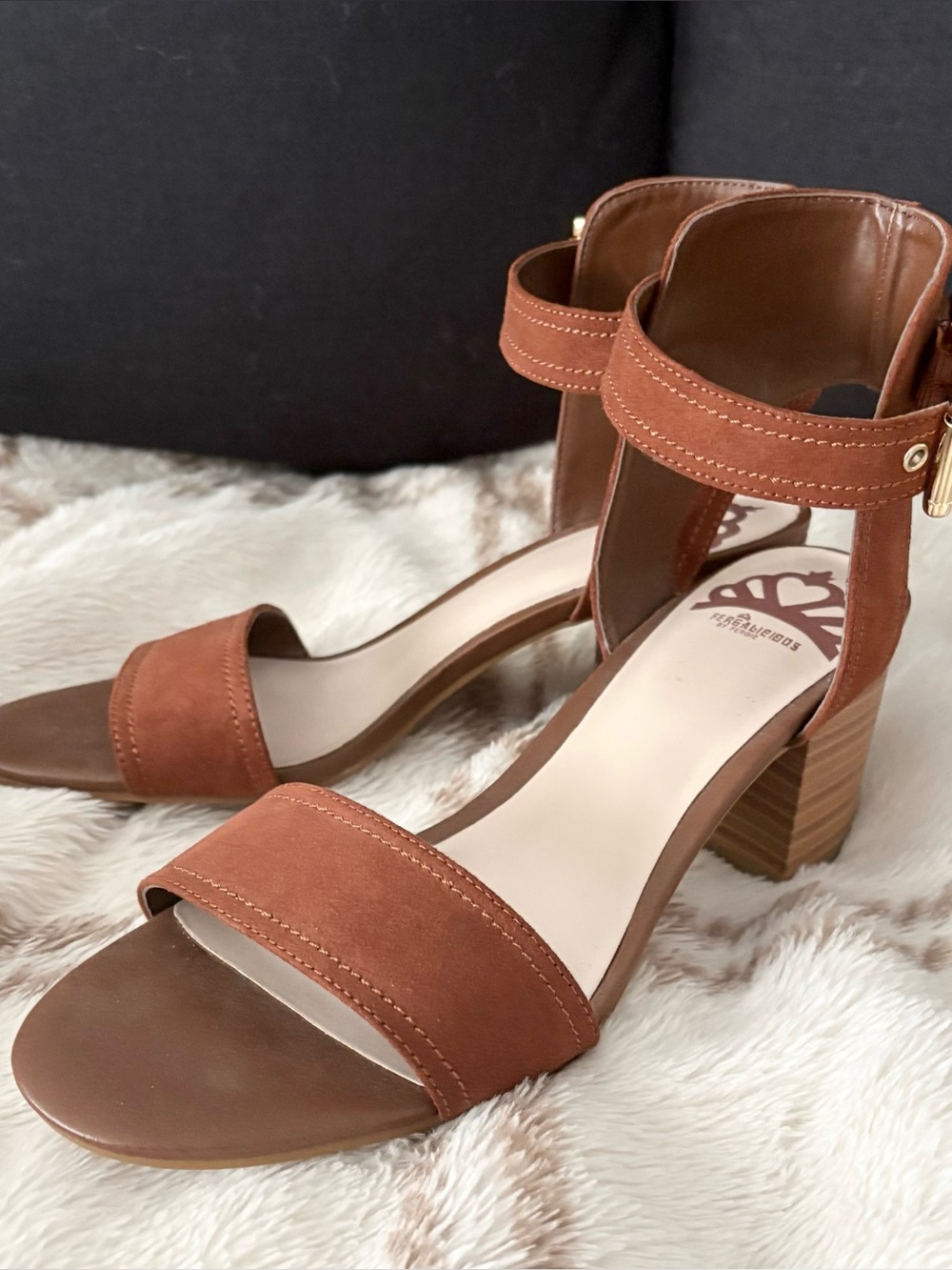 Fergalicious Leather Tan Brown Block Heel Ankle Strap Sandals